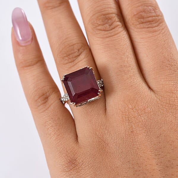 D'Joy Asscher Cut Niassa Ruby (FF) And White Zircon 22.60 Ctw Art-Deco Ring In 18K Vermeil Rose Gold Over Sterling Silver
