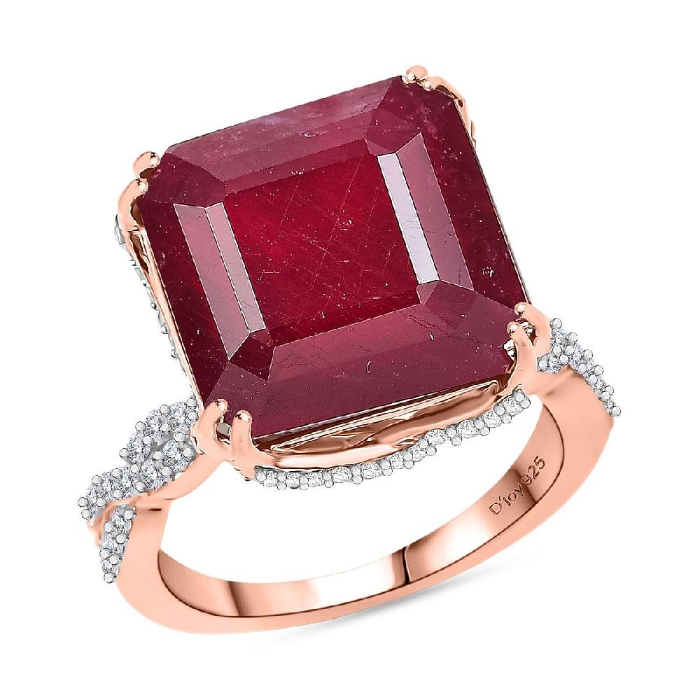 D'Joy Asscher Cut Niassa Ruby (FF) and White Zircon 22.60 ctw Art-Deco Ring in 18K Vermeil Rose Gold Over Sterling Silver