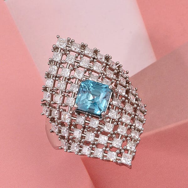 D'Joy Asscher Cut Premium Cambodian Blue Zircon And Moissanite 4.00 Ctw Royal Lattice Ring In Rhodium Over Sterling Silver