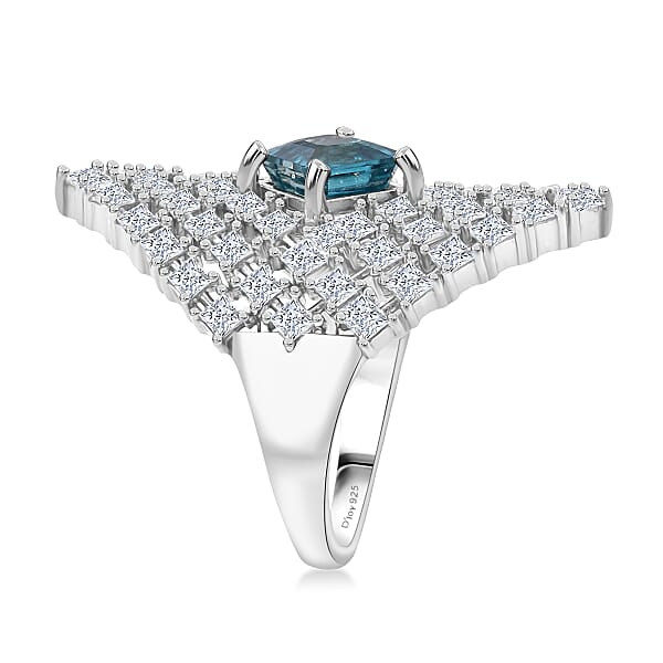 D'Joy Asscher Cut Premium Cambodian Blue Zircon And Moissanite 4.00 Ctw Royal Lattice Ring In Rhodium Over Sterling Silver