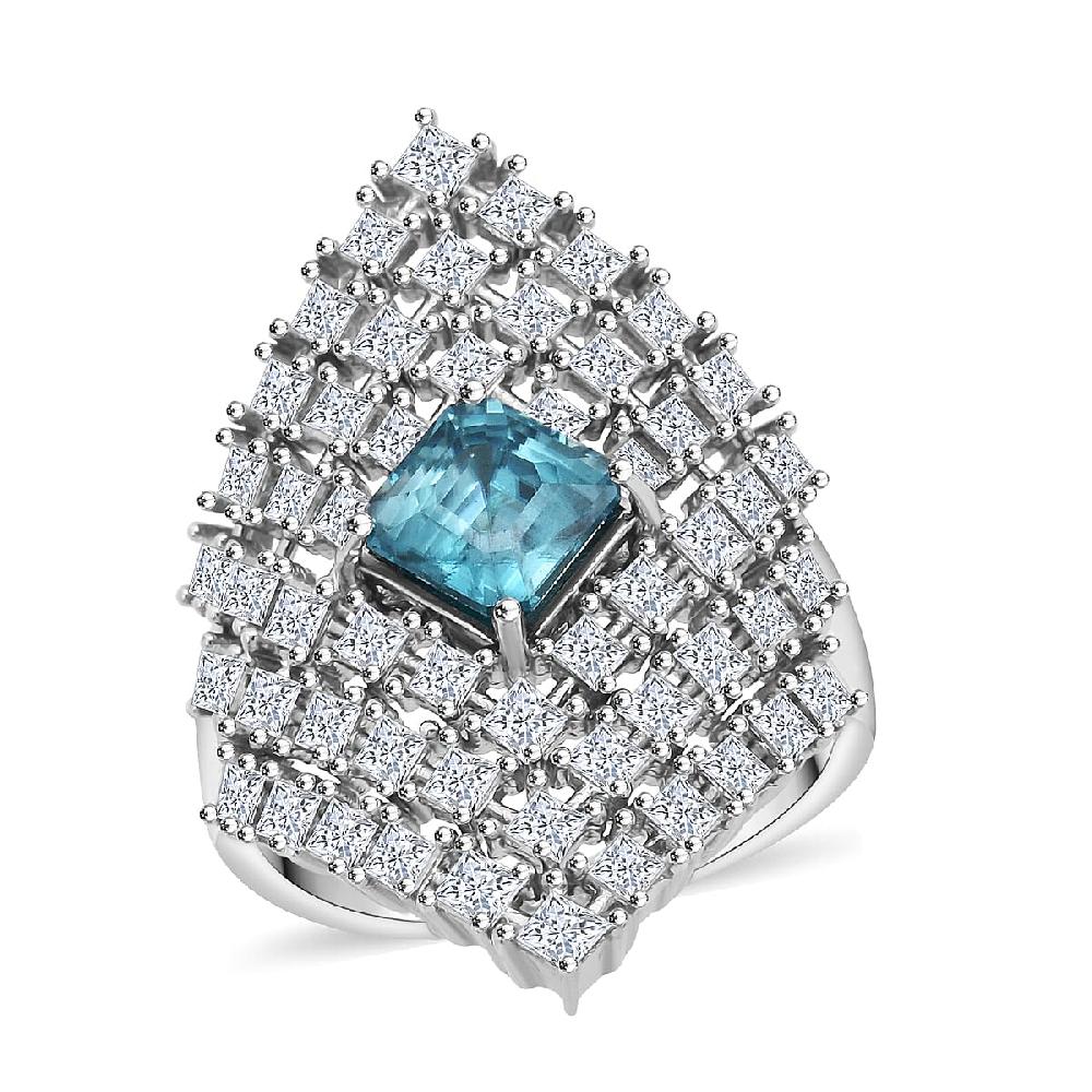 D'Joy Asscher Cut Premium Cambodian Blue Zircon and Moissanite 4.00 ctw Royal Lattice Ring in Rhodium Over Sterling Silver
