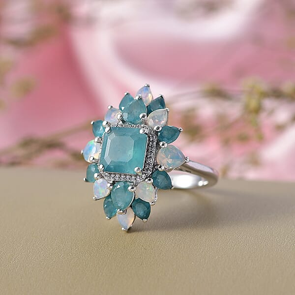 D'Joy Asscher Cut Premium Grandidierite And Multi Gemstone 5.60 Ctw Celestial Bloom Ring In Rhodium Over Sterling Silver