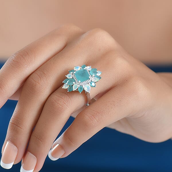 D'Joy Asscher Cut Premium Grandidierite And Multi Gemstone 5.60 Ctw Celestial Bloom Ring In Rhodium Over Sterling Silver