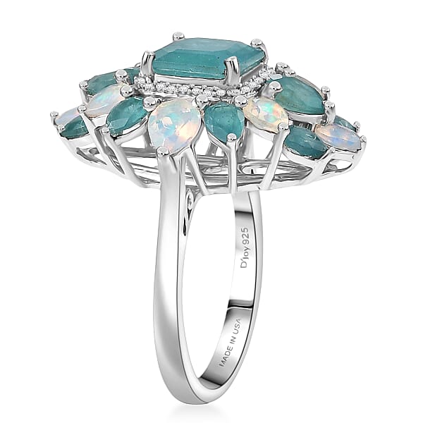 D'Joy Asscher Cut Premium Grandidierite And Multi Gemstone 5.60 Ctw Celestial Bloom Ring In Rhodium Over Sterling Silver