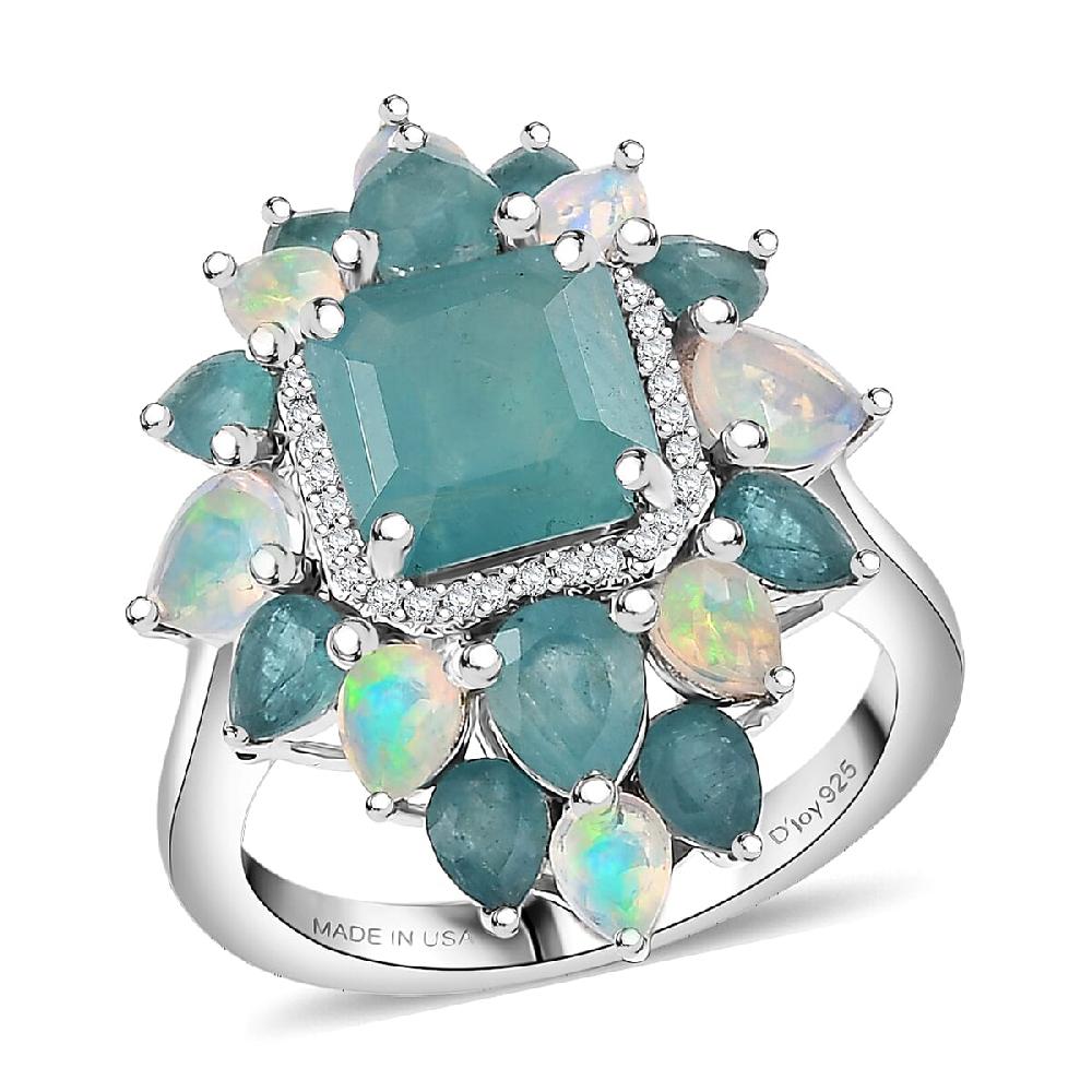 D'Joy Asscher Cut Premium Grandidierite and Multi Gemstone 5.60 ctw Celestial Bloom Ring in Rhodium Over Sterling Silver