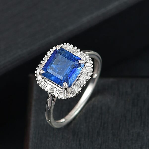 D'Joy Asscher Cut Premium Kashmir Kyanite And Diamond 3.40 Ctw Art Deco Ring In Rhodium Over Sterling Silver