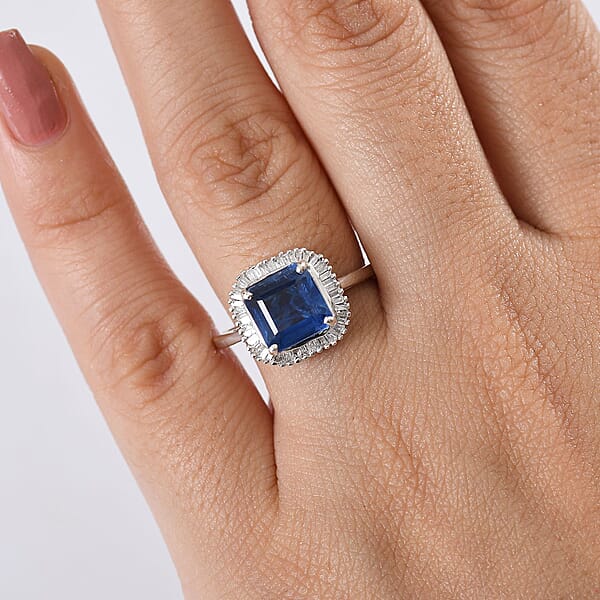D'Joy Asscher Cut Premium Kashmir Kyanite And Diamond 3.40 Ctw Art Deco Ring In Rhodium Over Sterling Silver