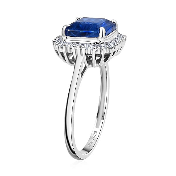 D'Joy Asscher Cut Premium Kashmir Kyanite And Diamond 3.40 Ctw Art Deco Ring In Rhodium Over Sterling Silver