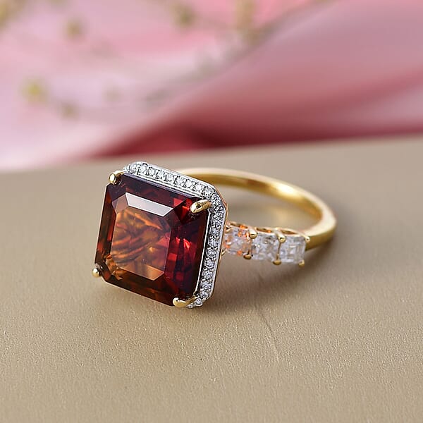 D'Joy Asscher Cut Red Citrine Moissanite Sunfire Ring In 18K Vermeil YG Over Sterling Silver 8.50 Ctw