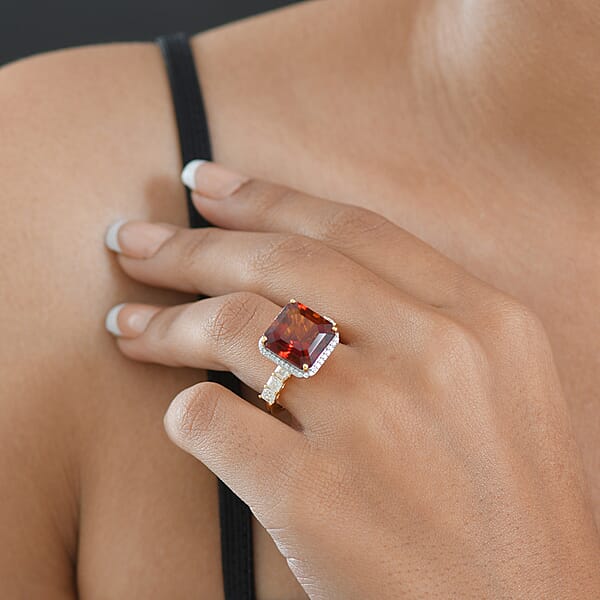 D'Joy Asscher Cut Red Citrine Moissanite Sunfire Ring In 18K Vermeil YG Over Sterling Silver 8.50 Ctw
