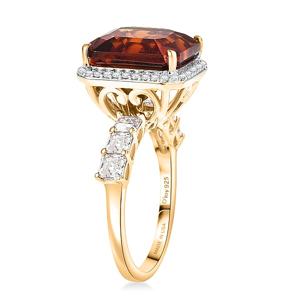 D'Joy Asscher Cut Red Citrine Moissanite Sunfire Ring In 18K Vermeil YG Over Sterling Silver 8.50 Ctw
