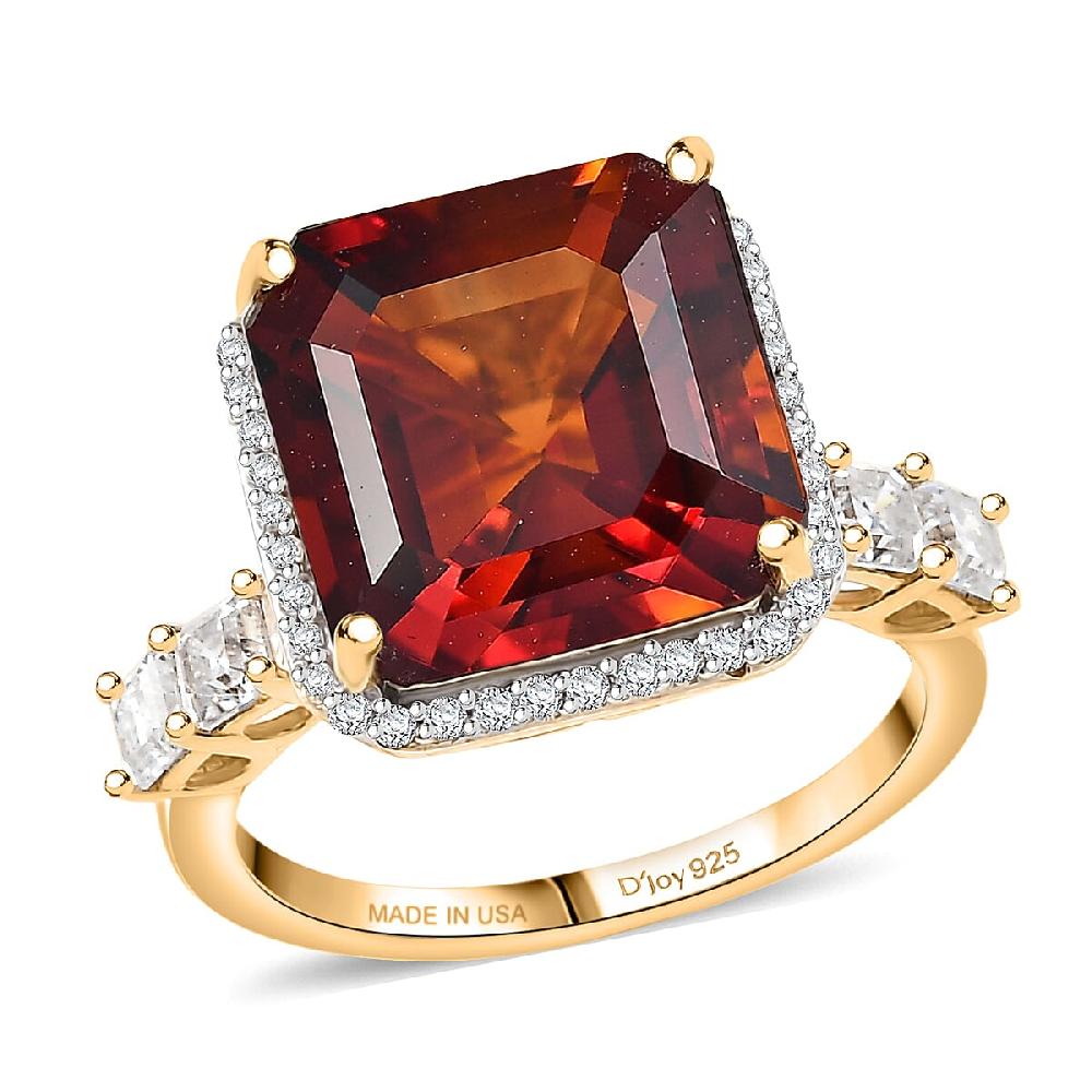 D'Joy Asscher Cut Red Citrine Moissanite Sunfire Ring in 18K Vermeil YG Over Sterling Silver 8.50 ctw
