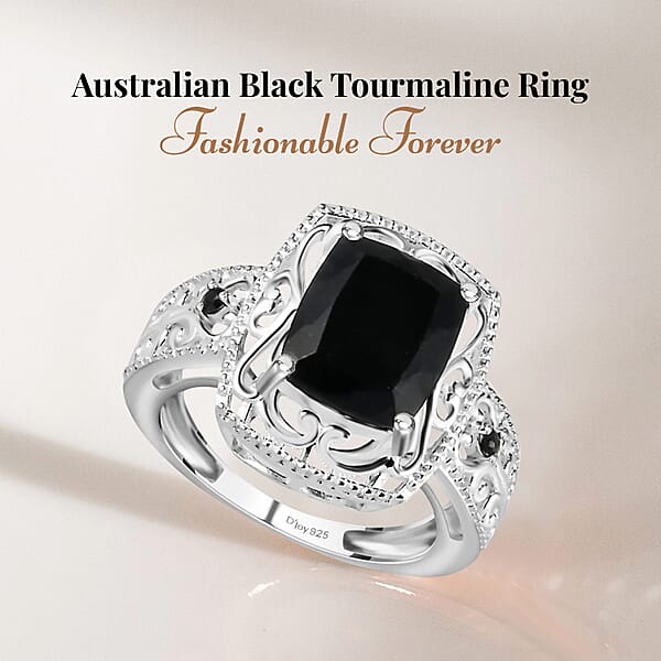 D'Joy Australian Black Tourmaline Thai Black Spinel Ring In Sterling Silver 3.40 Ctw