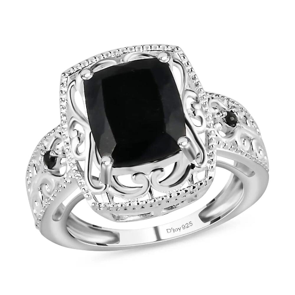 D'Joy Australian Black Tourmaline Thai Black Spinel Ring in Sterling Silver 3.40 ctw