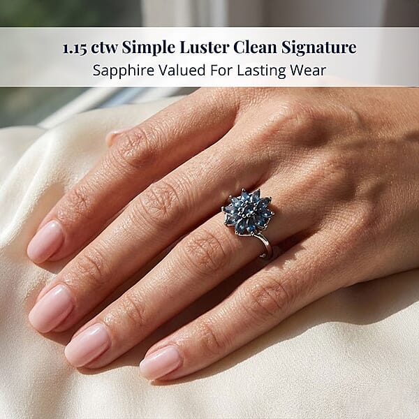 D'Joy Australian Sapphire 1.15 Ctw Twilight Blossom Ring In Rhodium Over Sterling Silver
