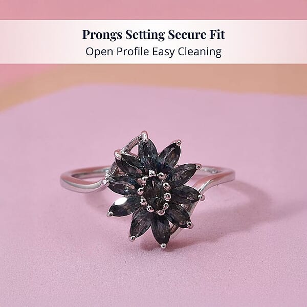 D'Joy Australian Sapphire 1.15 Ctw Twilight Blossom Ring In Rhodium Over Sterling Silver