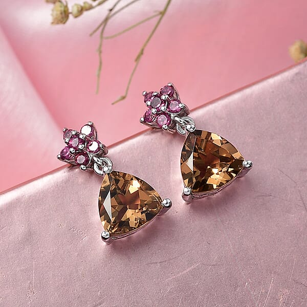 D'Joy Autumn Alexite And Orissa Rhodolite Garnet 3.85 Ctw Floral Earrings In Platinum Over Sterling Silver