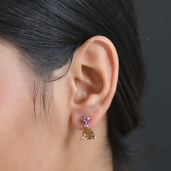 D'Joy Autumn Alexite And Orissa Rhodolite Garnet 3.85 Ctw Floral Earrings In Platinum Over Sterling Silver
