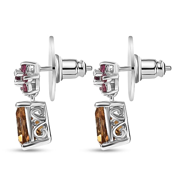 D'Joy Autumn Alexite And Orissa Rhodolite Garnet 3.85 Ctw Floral Earrings In Platinum Over Sterling Silver