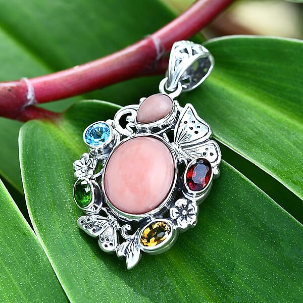 D'Joy Bali Legacy Pink Opal And Multi Gemstone 5.40 Ctw Floral And Butterfly Pendant In Sterling Silver