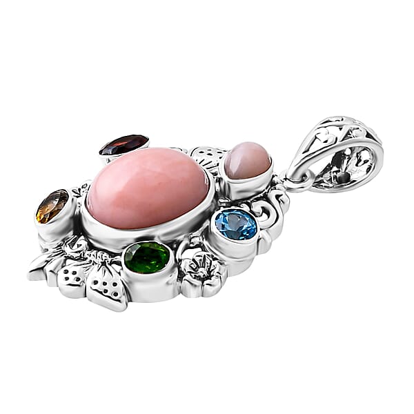 D'Joy Bali Legacy Pink Opal And Multi Gemstone 5.40 Ctw Floral And Butterfly Pendant In Sterling Silver