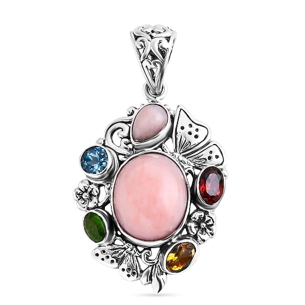 D'Joy Bali Legacy Pink Opal and Multi Gemstone 5.40 ctw Floral and Butterfly Pendant in Sterling Silver