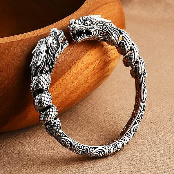D'Joy Bali Legacy Twin Dragon Cuff Bracelet In Sterling Silver (7.25 In) 42.25 Grams