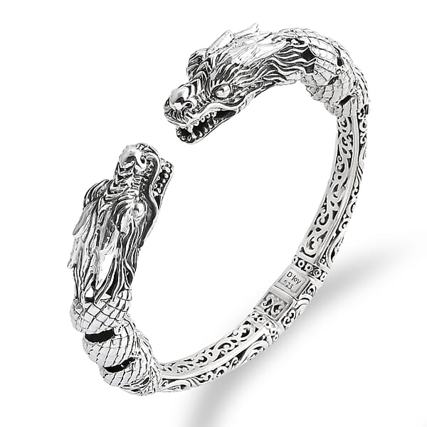 D'Joy Bali Legacy Twin Dragon Cuff Bracelet In Sterling Silver (7.25 In) 42.25 Grams