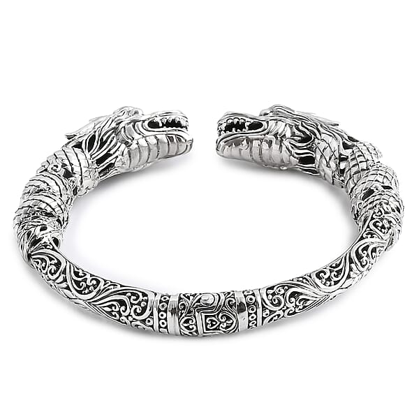 D'Joy Bali Legacy Twin Dragon Cuff Bracelet In Sterling Silver (7.25 In) 42.25 Grams