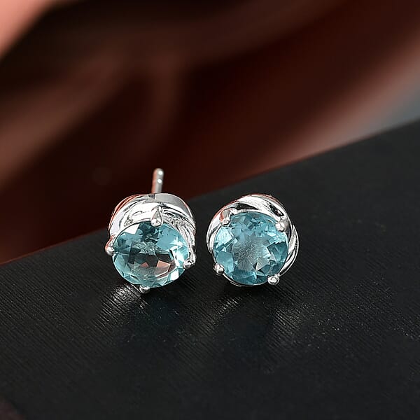D'Joy Belgian Teal Fluorite 3.00 Ctw Solitaire Stud Earrings In Sterling Silver
