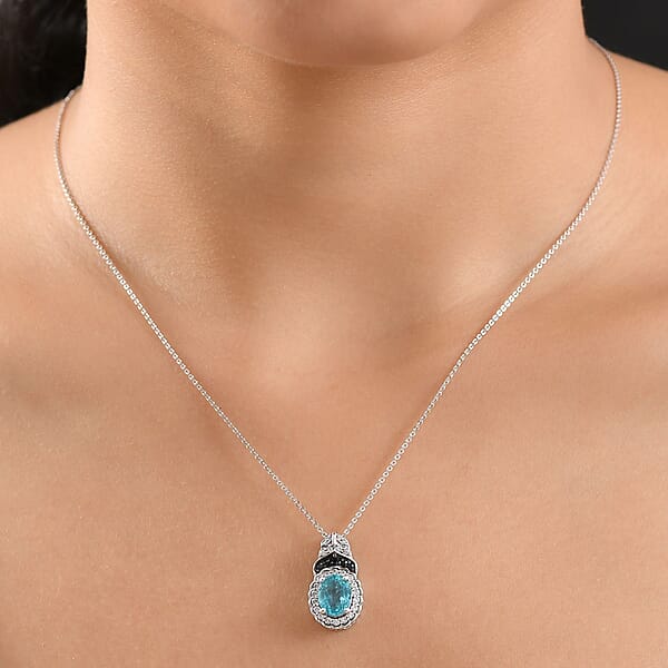 D'Joy Betroka Blue Apatite And Multi Gemstone 2.55 Ctw Regal Bloom Pendant Necklace 20 Inches In Rhodium Over Sterling Silver
