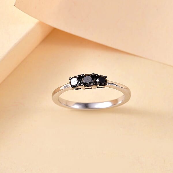 D'Joy Black Diamond 0.35 Ctw 3 Stone Ring In Rhodium Over Sterling Silver