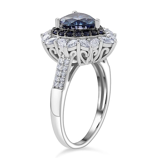 D'Joy Blue And White Moissanite And Blue Sapphire 3.10 Ctw Crowned Heart Glow Ring In Rhodium Over Sterling Silver