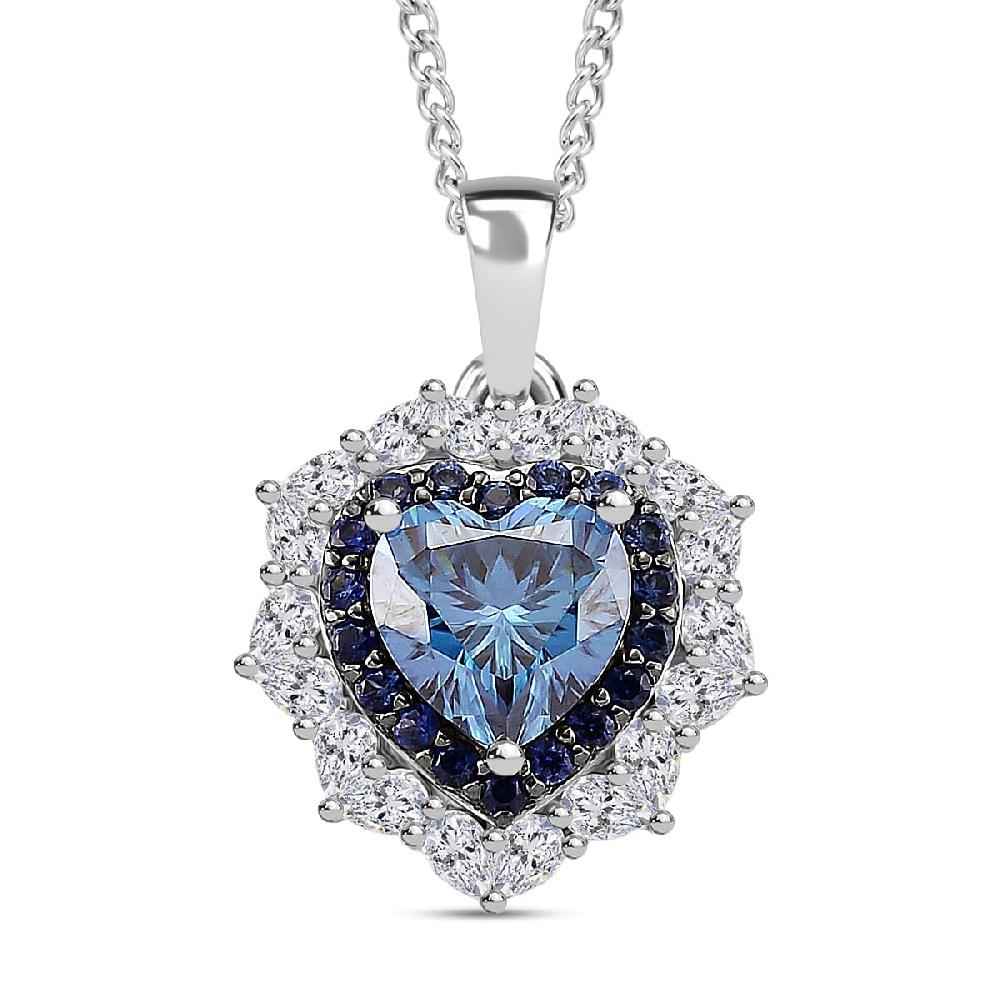 D'Joy Blue and White Moissanite and Blue Sapphire 3.00 ctw Crowned Heart Glow Pendant Necklace in Rhodium Over Sterling Silver 18 Inches