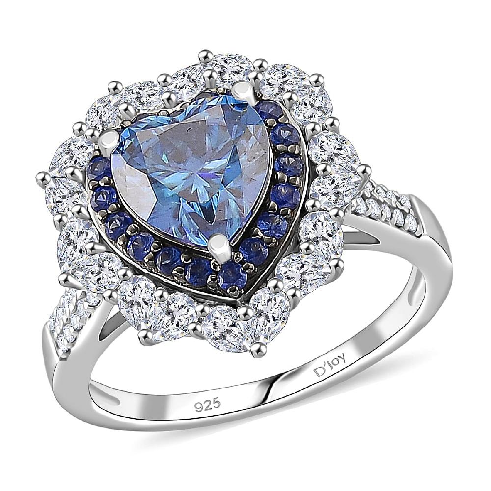 D'Joy Blue and White Moissanite and Blue Sapphire 3.10 ctw Crowned Heart Glow Ring in Rhodium Over Sterling Silver