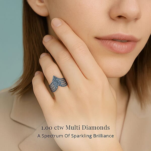D'Joy Blue Diamond 0.90 Ctw Chevron Ring In Rhodium Over Sterling Silver