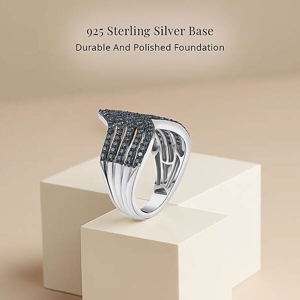 D'Joy Blue Diamond 0.90 Ctw Chevron Ring In Rhodium Over Sterling Silver