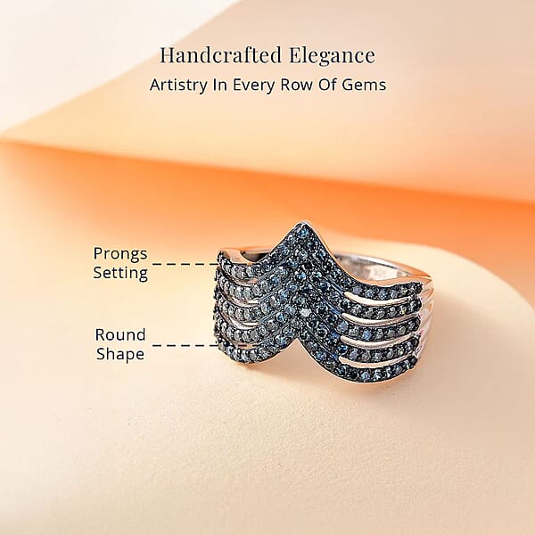 D'Joy Blue Diamond 0.90 Ctw Chevron Ring In Rhodium Over Sterling Silver