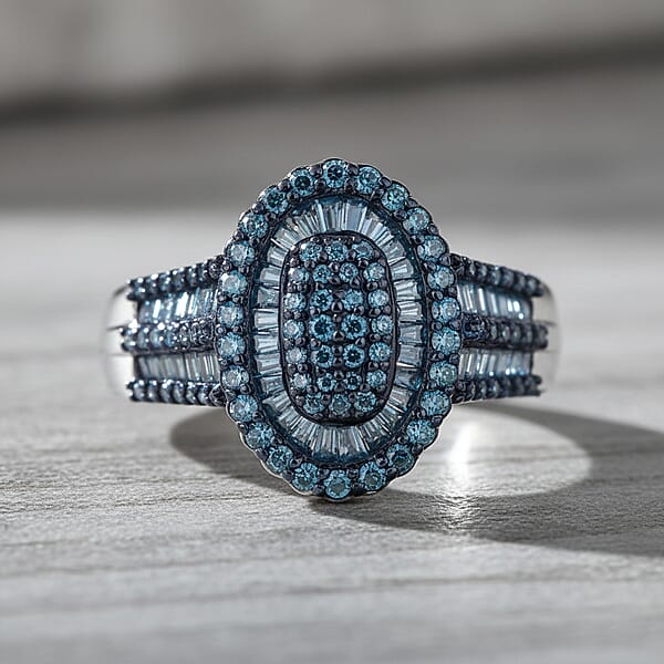 D'Joy Blue Diamond 1.00 Ctw Cocktail Cluster Ring In Rhodium Over Sterling Silver