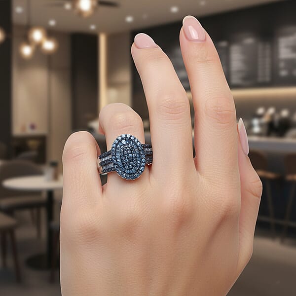 D'Joy Blue Diamond 1.00 Ctw Cocktail Cluster Ring In Rhodium Over Sterling Silver