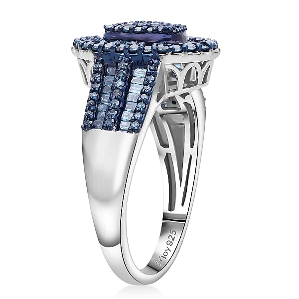 D'Joy Blue Diamond 1.00 Ctw Cocktail Cluster Ring In Rhodium Over Sterling Silver
