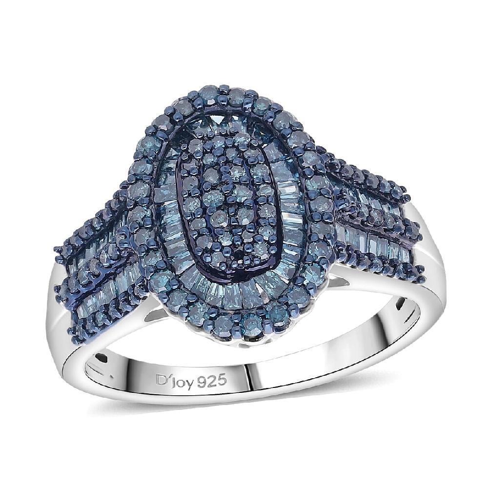 D'Joy Blue Diamond 1.00 ctw Cocktail Cluster Ring in Rhodium Over Sterling Silver