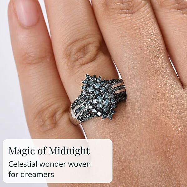 D'Joy Blue Diamond 1.00 Ctw Starry Night Ring In Rhodium Over Sterling Silver