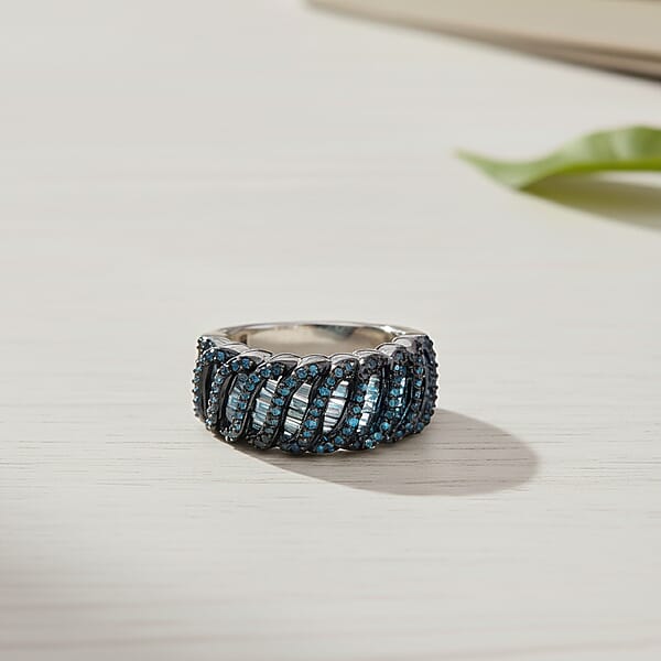 D'Joy Blue Diamond 1.00 Ctw Wave Ring In Rhodium Over Sterling Silver