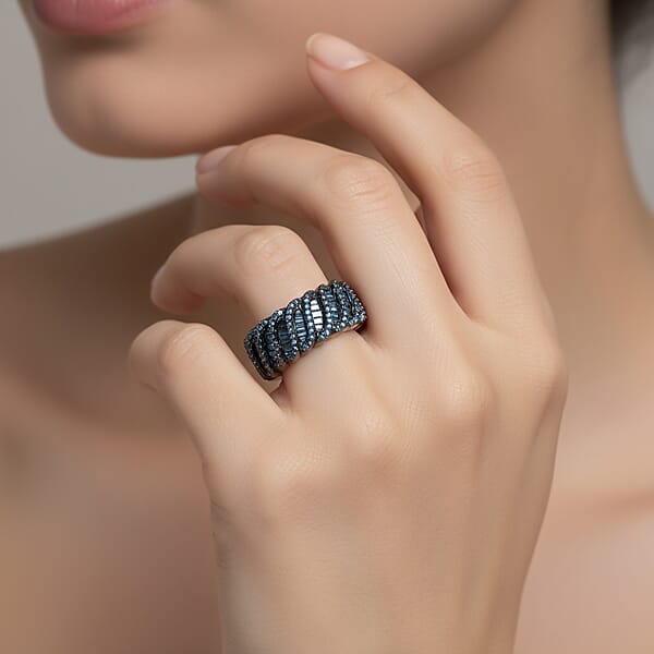 D'Joy Blue Diamond 1.00 Ctw Wave Ring In Rhodium Over Sterling Silver