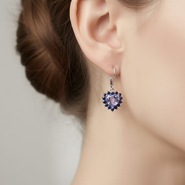 D'Joy Blue Moissanite And Blue Sapphire 2.10 Ctw Crowned Heart Glow Earrings In Rhodium Over Sterling Silver