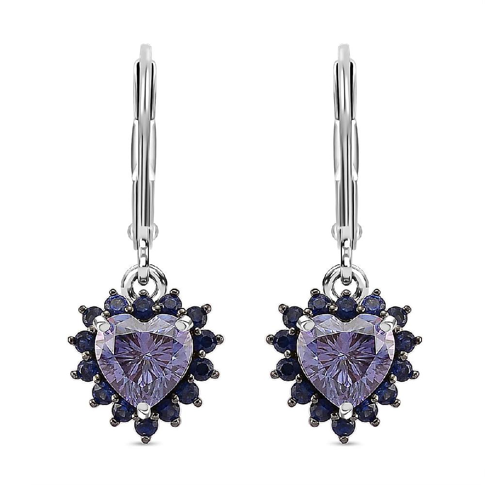 D'Joy Blue Moissanite and Blue Sapphire 2.10 ctw Crowned Heart Glow Earrings in Rhodium Over Sterling Silver