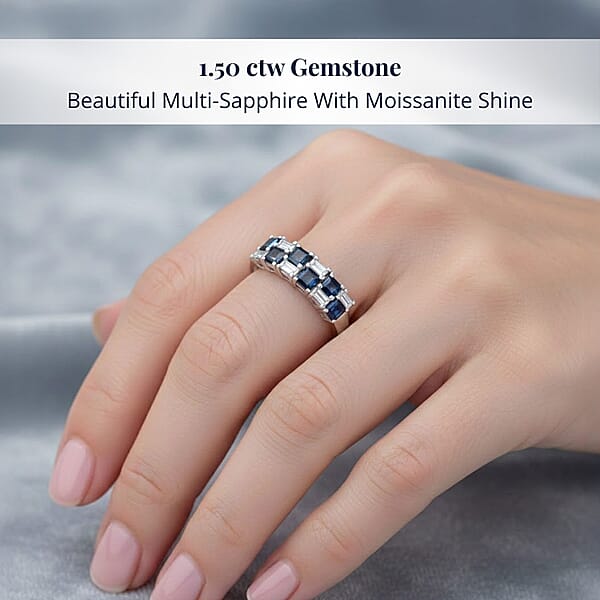 D'Joy Blue Sapphire And Moissanite 1.50 Ctw Midnight Lineage Ring In Rhodium Over Sterling Silver