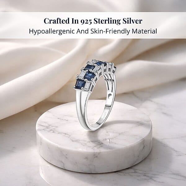 D'Joy Blue Sapphire And Moissanite 1.50 Ctw Midnight Lineage Ring In Rhodium Over Sterling Silver