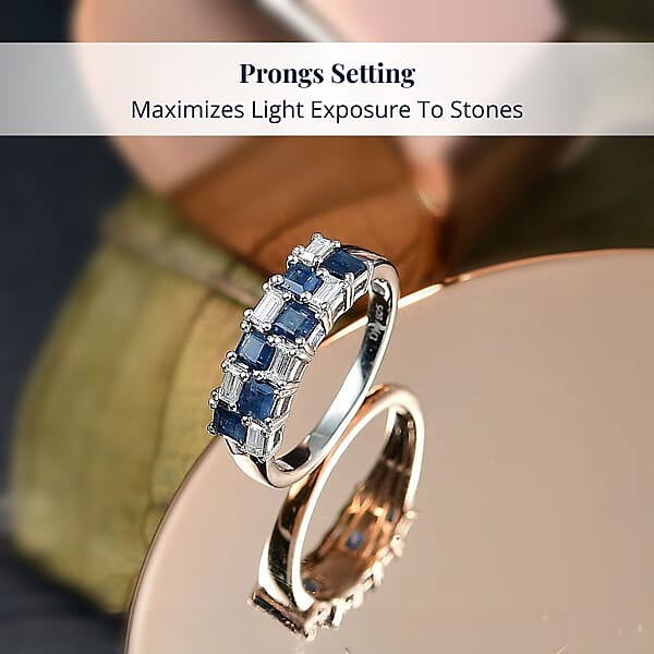 D'Joy Blue Sapphire And Moissanite 1.50 Ctw Midnight Lineage Ring In Rhodium Over Sterling Silver